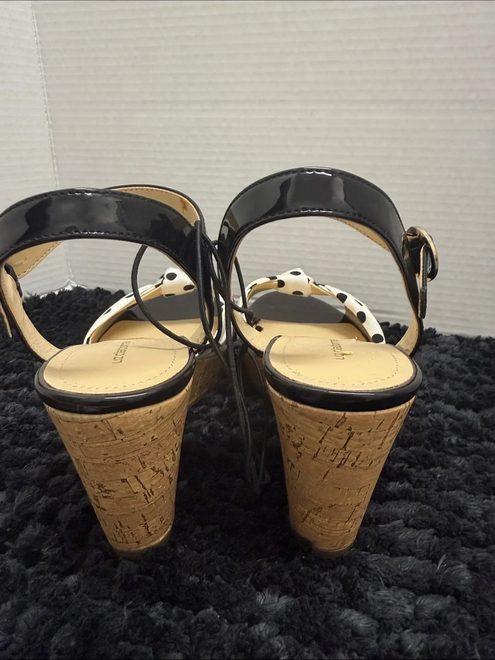 LIZ CLAIBORNE Polka Dot Bow Cork Platform Sandals - Black & White